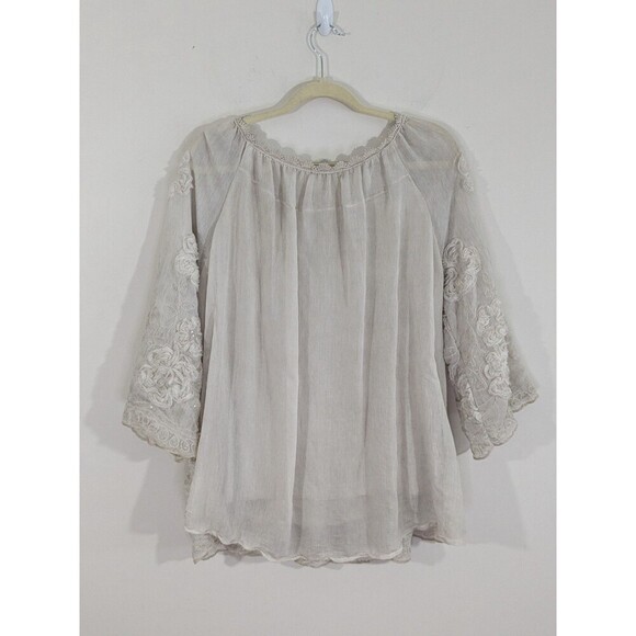 Tempo Paris Ivory Boho Tunic 3D Flowers Sequins Flowy Fairy 3/4 Sleeve Sz L - Picture 10 of 11